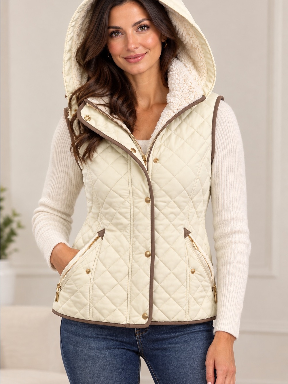 Quilted Hooded Vest in Cream